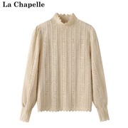 拉夏贝尔/La Chapelle秋冬款植绒半高领打底衫女镂空小衫内搭上衣