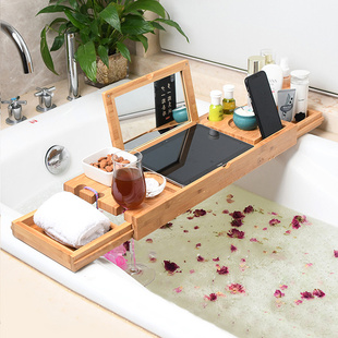 浴缸架竹木欧式伸缩防滑浴缸浴室置物架，平板手机架泡澡木桶架