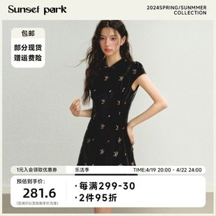 SunsetPark日落公园 原创黑色花卉刺绣丝绒中华Doll感旗袍连衣裙