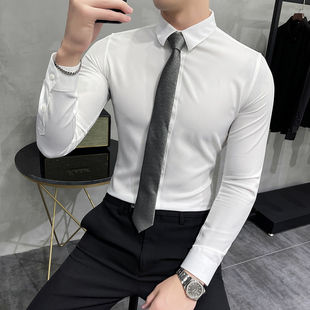 休闲衬衣男士黑色寸衫韩版修身潮流商务正装免烫，白色长袖西装衬衫
