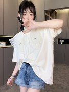 rrfashion短袖t恤女2024夏季心形网纱拼接披肩中长款上衣