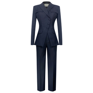 藏青色西装套装2024春秋气质小众设计高级感正装九分裤西装两件套
