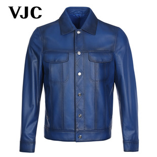 同款VJC/威杰思2023秋冬男装蓝色工装皮衣夹克短款外套