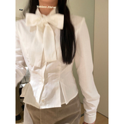 王少女的店白色短款衬衫早春百搭法式小众设计修身收腰蝴蝶结上衣