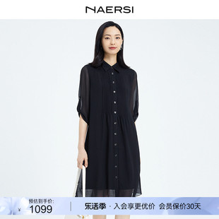 经典NAERSI/娜尔思轻职场衬衫式通勤雪纺七分袖连衣裙女