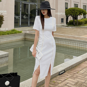 韩版连衣裙夏款气质ol通勤女装，一步包臀开叉，双拉链白色长裙高级感