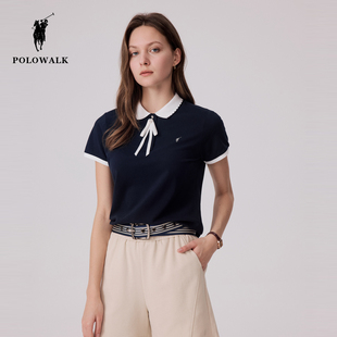 polowalk领结polo衫女夏季修身时尚遮肉藏青短袖，显瘦气质上衣