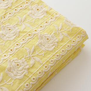 纯棉黄色玫瑰重工刺绣，连衣裙衬衫服装，面料diy桌布包包抱枕布料