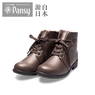 Pansy日本冬季女靴大码加绒保暖小皮短靴短筒马丁靴雪地靴4654