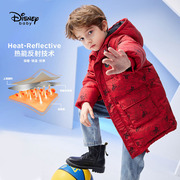 迪士尼冬装男童中长款羽绒服连帽儿童加厚保暖白鸭绒外套宝宝红色