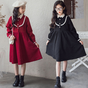 女童黑色连衣裙秋款洋气时髦小女孩秋装中大童儿童酒红色长袖裙子