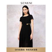skn优雅线圣可尼撞色雪纺，连衣裙女夏短袖不规则下摆黑色长裙