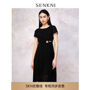 skn优雅线圣可尼撞色雪纺连衣裙，女夏短袖不规则下摆黑色长裙