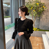 韩国东大门黑色修身显瘦拉链，灯芯绒衫t恤泡泡袖喇叭长袖上衣