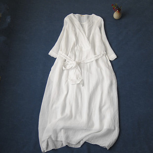 夏季细支柔软苎麻连衣裙甜美V领七分袖高腰显瘦白色飘逸长裙