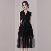 高端名媛气质职业西装裙，2023夏季女装，赫本风晚礼服黑色连衣裙