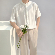 夏季免熨烫男短袖白色衬衫新中式，立领高级垂坠感轻奢冰丝休闲宽松