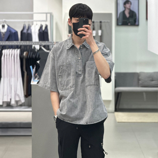 2024年夏季liberclassy韩版男士灰色，复古纯棉牛仔短袖t恤衫