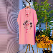 韩版大码女装百搭盘扣流苏半袖T恤衫洋气复古风粉色减龄短袖上衣