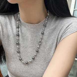 方糖家倪妮大溪地深灰色混彩珍珠，高级感项链，轻奢小众设计毛衣链