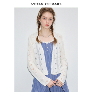vegachang毛针织衫女2024年夏季设计感蕾丝花边缕空针织开衫