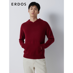 erdos男装羊毛绒混纺针织衫，23秋冬红色，宽松微弹厚款卫衣版型