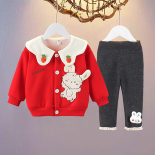 女宝宝秋冬季套装2岁女童，加绒加厚外套，两件套6个月婴幼儿韩版衣服