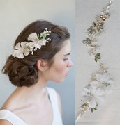 原创设计森系白色欧根纱花朵复古绿叶手工发带儿童新娘结婚头饰