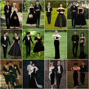 影楼主题服装法式缎面赫本风写真摄影复古风丝绒黑色婚纱礼服