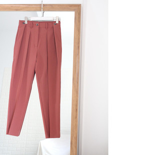 北欧 自带滤镜 收腰折叠显瘦砖红色高腰小腿裤烟管裤长裤西装裤