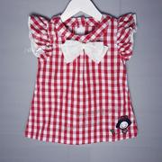 韩版夏季女童纯棉t恤衬衫裙，宝宝圆领套头红色蝴蝶结格子衬衣