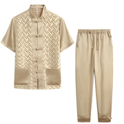 夏季唐装套装男铜氨丝短袖，中式国潮立领中式复古国，潮手工盘扣外套