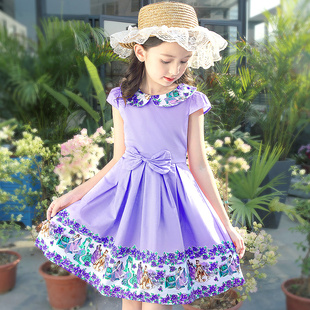 女童连衣裙夏装儿童碎花纯棉公主裙中大童女夏季洋气甜美紫色裙子