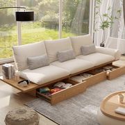 日式沙发实木框架客厅，小户型北欧简约储物三人地台布艺原木侘寂风