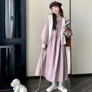 粉紫色长袖连衣裙女春秋，2023法式宽松大码显瘦洋气减龄长裙