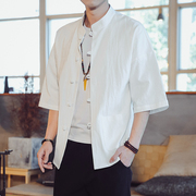 中式白色衬衫男立领盘扣褂子青年唐装带兜衬衣半袖上衣纯色茶服