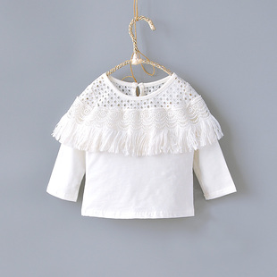 女童长袖T恤薄款镂空流苏打底衫洋气女宝宝婴儿白色上衣1-3岁夏季