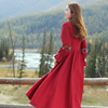 复古民族风长袖印花中长款红色连衣裙气质衣服秋冬装女QZ0565