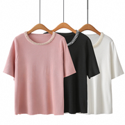 大码女装夏季韩版时尚针织衫200斤胖mm设计感圆领钉珠短袖t恤