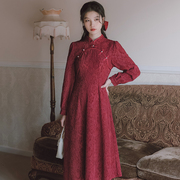 文艺新中式改良旗袍年轻款复古长袖敬酒服红色连衣裙长裙秋季