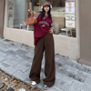 复古棕色垂感牛仔裤女秋冬美式深色高腰加绒直筒阔腿拖地长裤