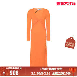 GANNI橘色优雅气质胸前褶皱装饰女士V领修身中长款连衣裙