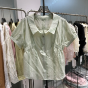 衬衣女2024夏装娃娃领减龄绿色显白小众韩版OL风短袖衬衫上衣