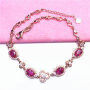 太太珠宝俄罗斯585紫金时尚精美款女士粉红宝石锆石手链14k玫瑰金