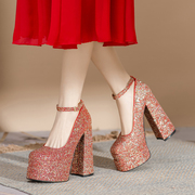 高级感亮片防水台超高跟鞋女厚底水晶婚鞋新娘鞋法式红色粗跟单鞋