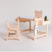 全实木儿童房画画学习桌创意多功能熊桌椅可升降高度松木课桌椅