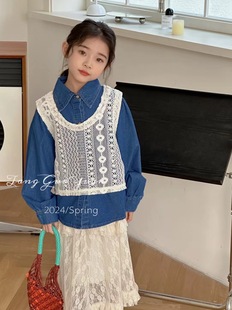 韩版女童装儿童春季韩版牛仔，长袖衬衫蕾丝马甲，半身裙2件套装