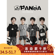 幼悠 男童字母刺绣熊猫印花格子衬衫夏季儿童帅气休闲T恤套装