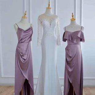 缎面伴娘服2023年秋冬法式姐妹团小众高级感紫色礼服女连衣裙