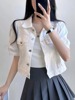 韩国chic夏季法式复古简约翻领，泡泡短袖白色牛仔衬衫外套短款上衣